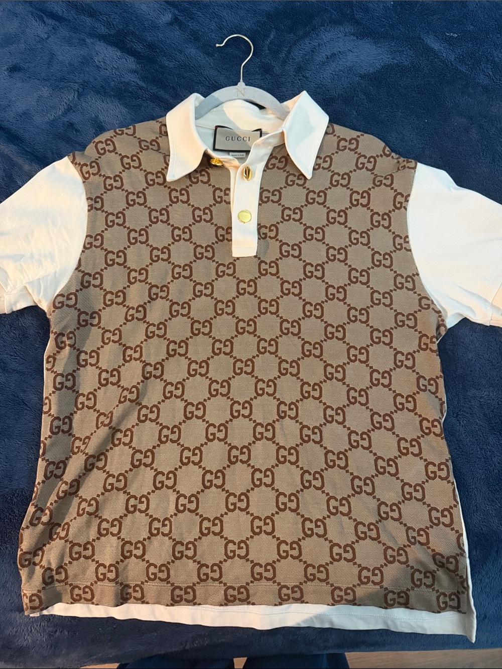 Gucci Brown GG Monogram Polo with White Collar & Sleeves